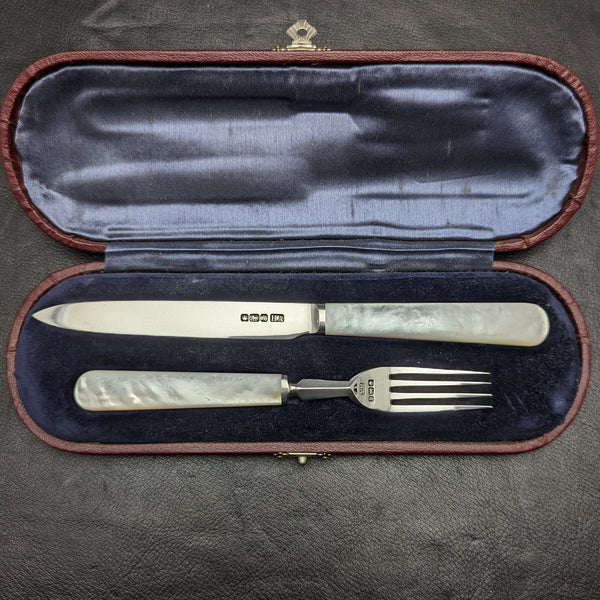 1915 英國古董水果餐具套裝純銀刀片白色蝴蝶貝殼手柄盒裝①