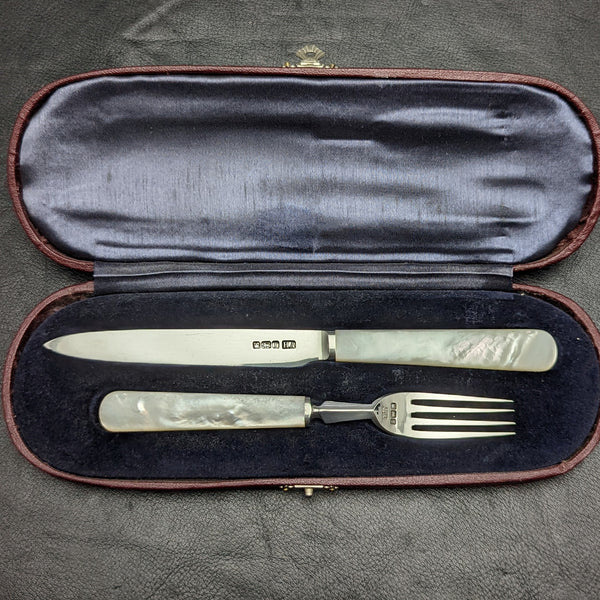 1915年 英国アンティーク フルーツカトラリーセット 純銀ブレード 白蝶貝ハンドル BOX入り②