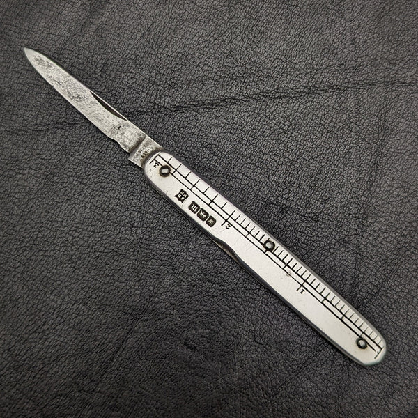 1904 British Antique Pure Silver Handle Folding Mini Knife with Ruler
