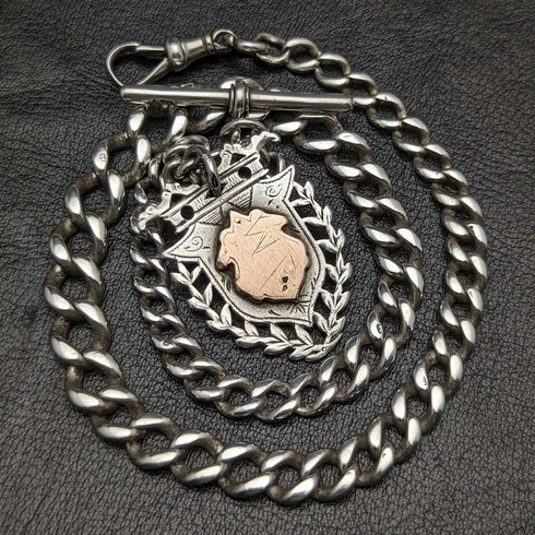 Around 1887 British Antique Sterling Silver Albert Chain 49g Sterling Silver Medal Fob