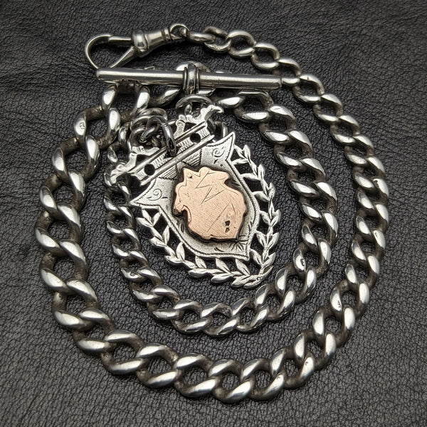Around 1887 British Antique Sterling Silver Albert Chain 49g Sterling Silver Medal Fob