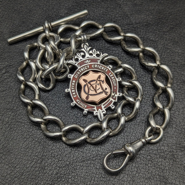 Around 1900 British Antique Sterling Silver Albert Chain 52g Sterling Silver Medal Fob