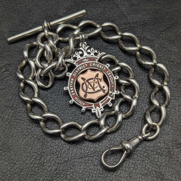 Cadena Albert de plata de ley antigua británica de alrededor de 1900, 52 g, con colgante de medalla de plata de ley
