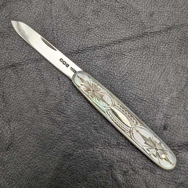 1921 British Antique White Pearl Shell Engraving Handle Pure Silver Blade Folding Pen Knife
