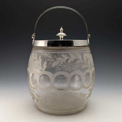 British vintage cut glass biscuit barrel silver plate lid 803g