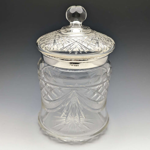 1928年 英国复古切割玻璃饼干桶 纯银装饰 831g