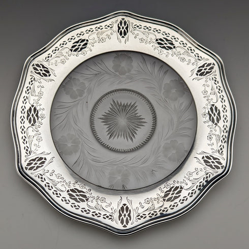 米国ヴィンテージ 純銀リム装飾 カットガラスプレート 直径19cm