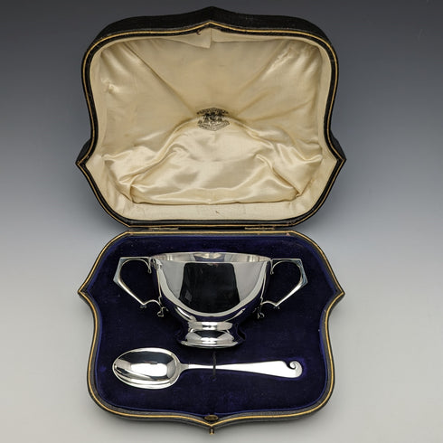 1909 British Antique Sterling Silver Bowl & Spoon Set in BOX