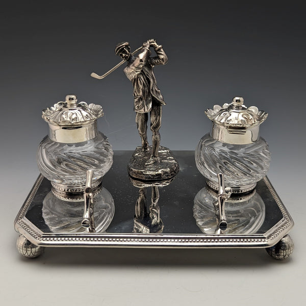 British Vintage Silver Plated Golf Design Pen Stand & Inkwell Pair