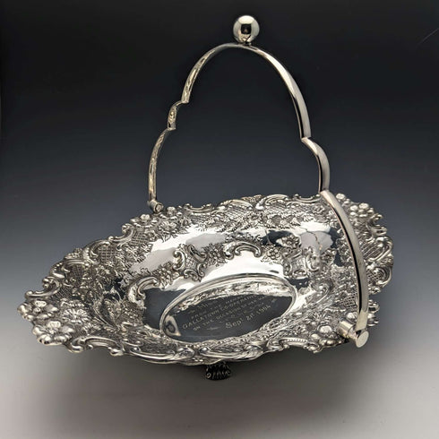 British Antique Silver Plate Large Basket Flower Engraving Operating Handle 548g