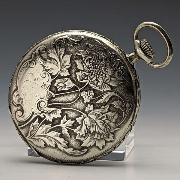 Antique Mumei pocket watch Art Nouveau flower sculpture alloy case works well