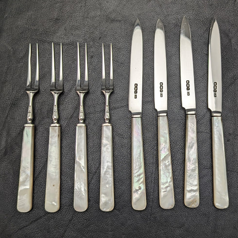 1925 年英國復古白珍珠貝殼手柄純銀刀片甜點餐具 4x2 套裝