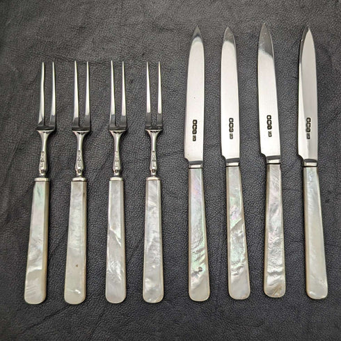 1925 年英國復古白珍珠貝殼手柄純銀刀片甜點餐具 4x2 套裝