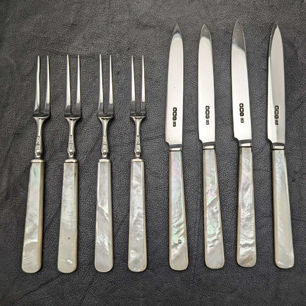 1925 British Vintage White Pearl Shell Handle Sterling Silver Blade Dessert Cutlery 4x2 Set