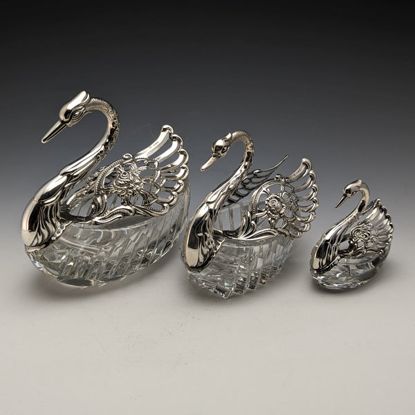 1972 British Vintage Swan Shape Sterling Silver & Cut Glass Accessory Case Large Medium Small Set of 3