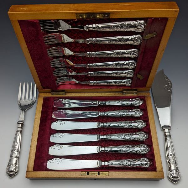 1936年 英国ヴィンテージ 純銀ハンドル カトラリー6x2 &サーバセット 木箱入り