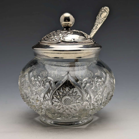 British antique cut glass jam pot silver plate lid & spoon