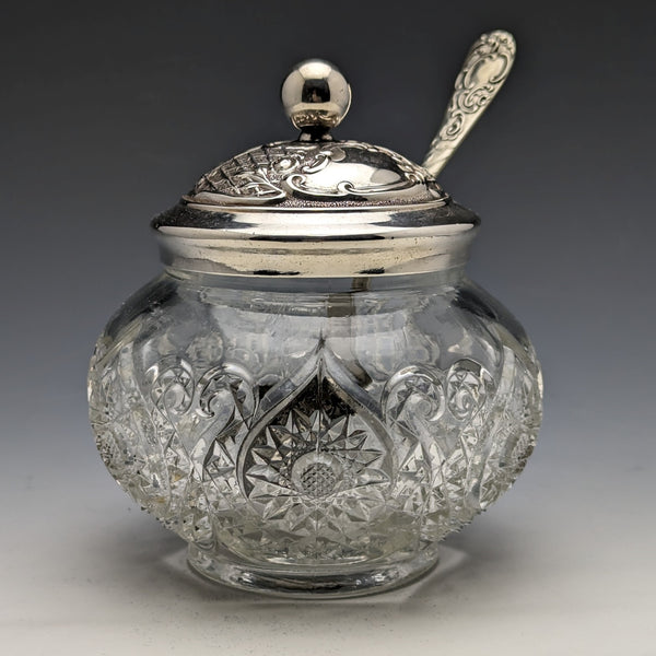 英国アンティーク カットガラス ジャムポット シルバープレート製蓋&スプーン