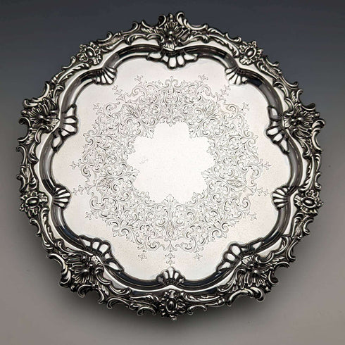 1899年 英国アンティーク 純銀製サルヴァ カードトレイ 直径21.5cm 400g Barker Bros