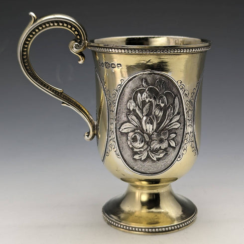 1867 British Antique Sterling Silver Gold Decorated Floral Engraving Mug 150g