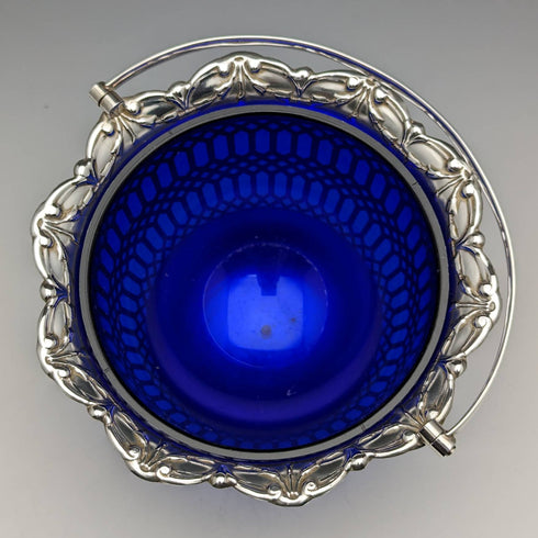 英国ヴィンテージ ブルーインナー シルバープレート製 バスケット