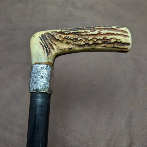 1894 British Antique Men's Walking Stick Deer Antlers Clutch Handle Thick Shaft 80cm