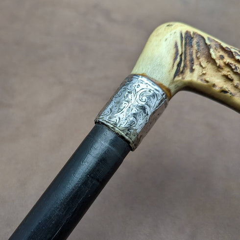 1894 British Antique Men's Walking Stick Deer Antlers Clutch Handle Thick Shaft 80cm