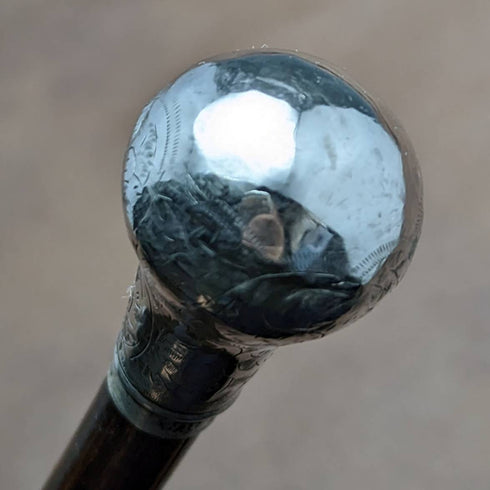 1919 British antique ladies walking stick, sterling silver, round handle, 82cm