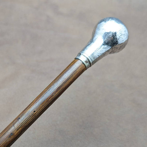 1919 British antique ladies walking stick, sterling silver, round handle, 82cm