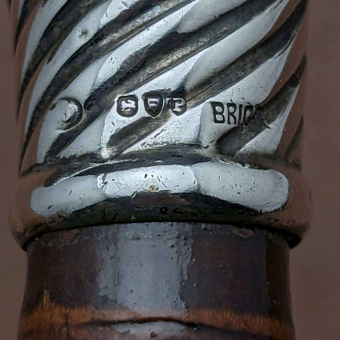 1890 British Antique Men's Walking Stick Pure Silver Derby Handle 92cm