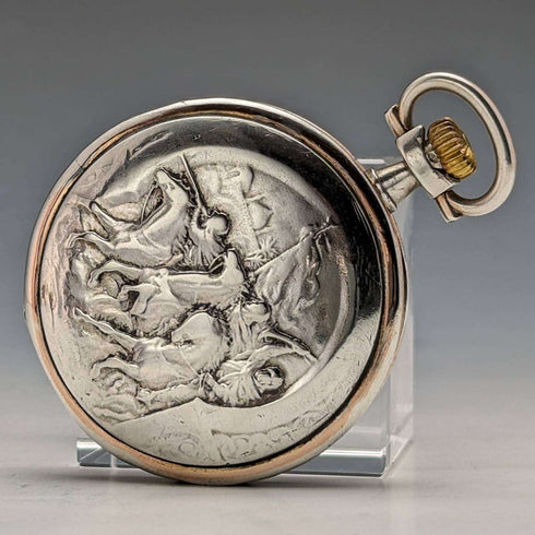 Around 1925 Vintage Longines pocket watch horse engraving hunter case on silver side works well