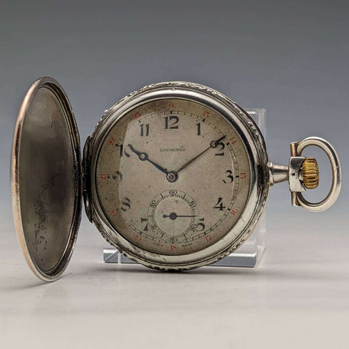 Around 1925 Vintage Longines pocket watch horse engraving hunter case on silver side works well