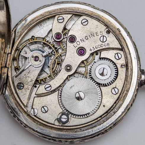 Around 1925 Vintage Longines pocket watch horse engraving hunter case on silver side works well