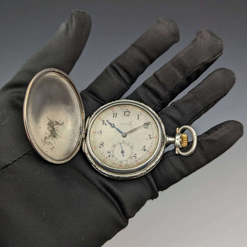 Around 1925 Vintage Longines pocket watch horse engraving hunter case on silver side works well