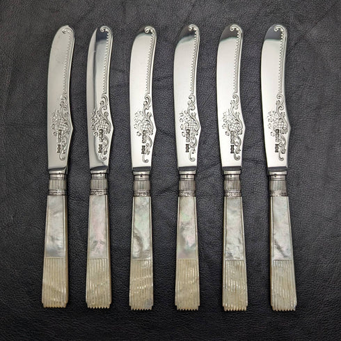 1907年 英国アンティーク 白蝶貝ハンドル 純銀ブレード カトラリー6ペアセット 木箱入り