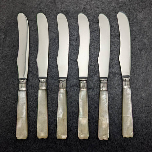 1907年 英国アンティーク 白蝶貝ハンドル 純銀ブレード カトラリー6ペアセット 木箱入り