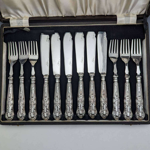 1934 British Vintage Queens Pattern Sterling Silver Handle Cutlery 6 Pairs Boxed