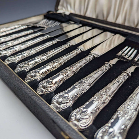 1934 British Vintage Queens Pattern Sterling Silver Handle Cutlery 6 Pairs Boxed