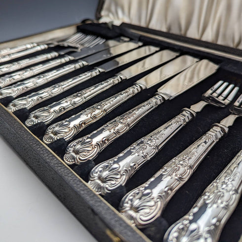 1934年 英国ヴィンテージ クイーンズパターン 純銀ハンドル カトラリー6ペアセット 箱入り