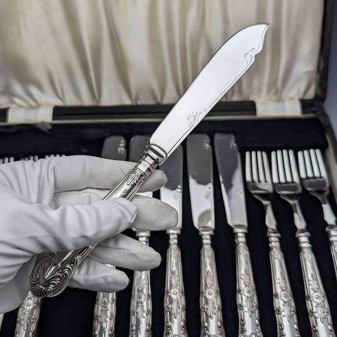 1934 British Vintage Queens Pattern Sterling Silver Handle Cutlery 6 Pairs Boxed