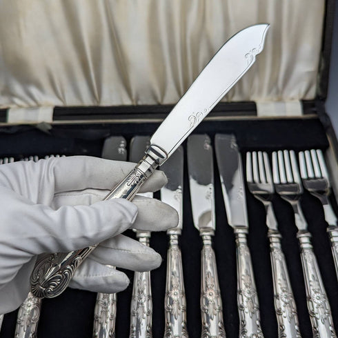 1934年 英国ヴィンテージ クイーンズパターン 純銀ハンドル カトラリー6ペアセット 箱入り