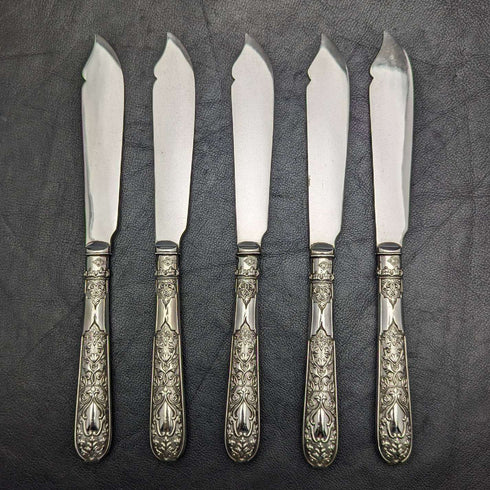Around 1860 British antique silver plate fish cutlery 5 pair set in wooden box