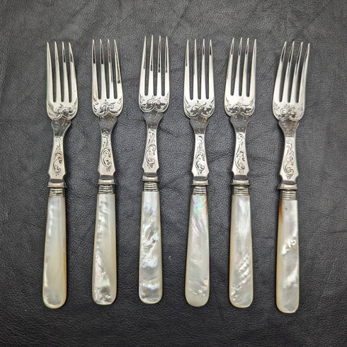 19世紀後半 英国アンティーク 白蝶貝ハンドル 純銀ブレード フィッシュカトラリー6ペアセット 木箱入り