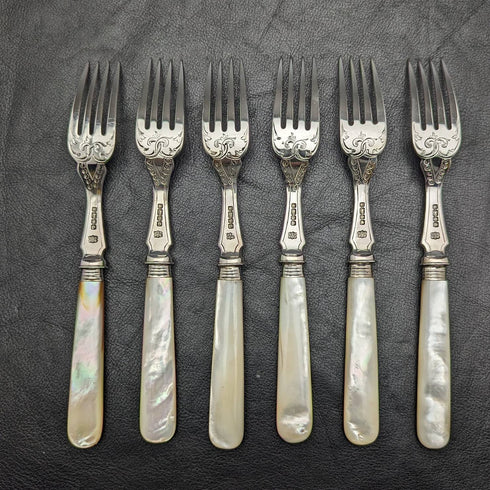 19世紀後半 英国アンティーク 白蝶貝ハンドル 純銀ブレード フィッシュカトラリー6ペアセット 木箱入り