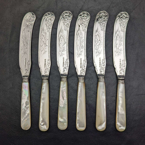 19 世紀晚期英國古董白珍珠貝殼手柄純銀刀刃魚餐具 6 件套木盒裝