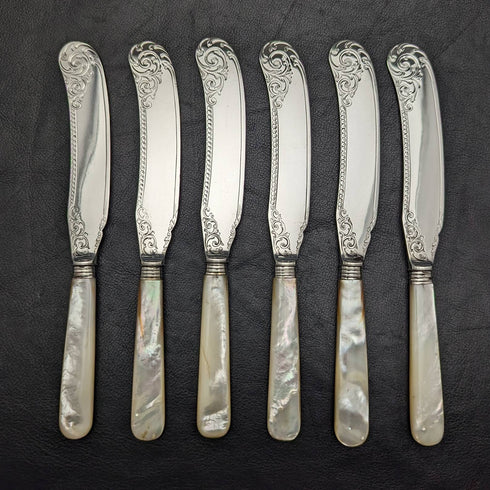 19世紀後半 英国アンティーク 白蝶貝ハンドル 純銀ブレード フィッシュカトラリー6ペアセット 木箱入り