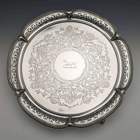 1870年 英国アンティーク 純銀製サルヴァ 直径26cm 523g Henry Holland