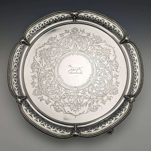 1870年 英国アンティーク 純銀製サルヴァ 直径26cm 523g Henry Holland