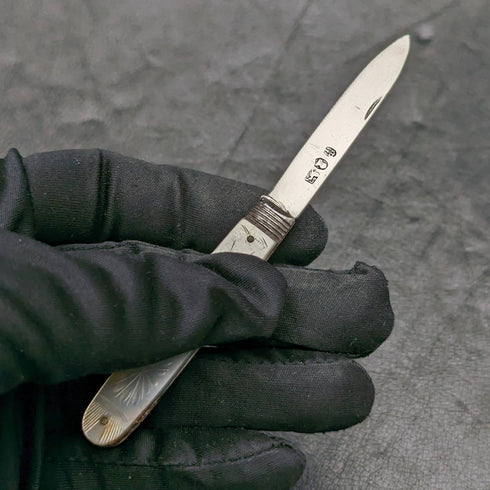 1818年 英国アンティーク 白蝶貝ハンドル 純銀ブレード 折りたたみペンナイフ