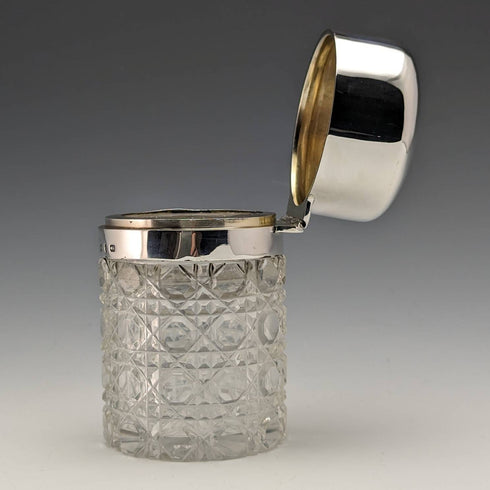 1896年 英国アンティーク 純銀蓋 カットグラスジャー 300g